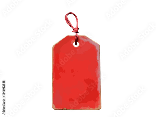 A red blank price tag with a tied string, isolated. The tag is rectangular with a cut-off top and a punched hole for attachment. Ideal for sales, discounts, promotions or labeling