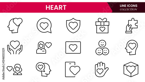Heart, love, care, help, charity, and donation outline icons are set isolated on a white background in a flat vector illustration.