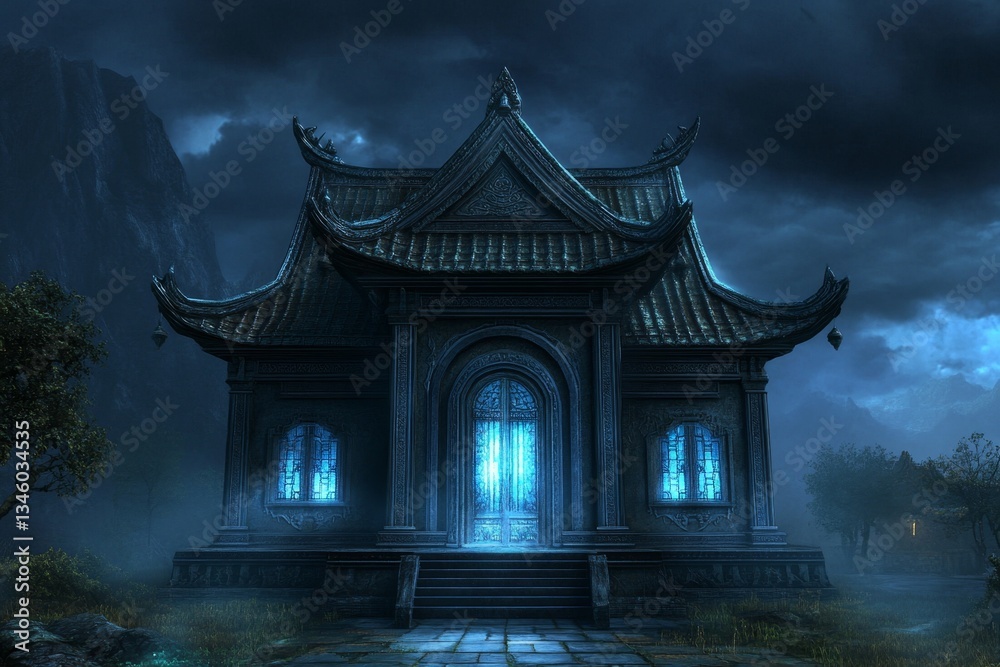 Fototapeta premium A dark and gothic reimagining of the Golden Pavilion, with storm clouds, eerie fog, and an ominous atmosphere