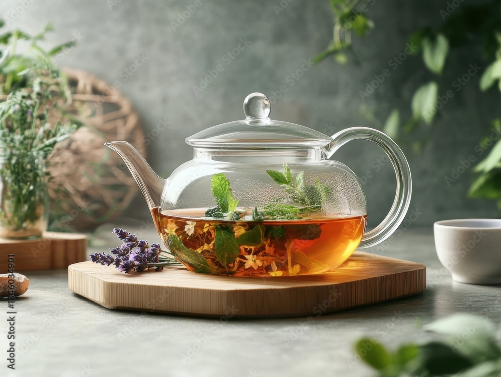 Fresh herbal tea blend of chamomile, mint, and other herbs brewed in a clear teapot on a wooden board with green background Fresh herbal tea blend of chamomile, mint, and other herbs brewed in a clear teapot on a wooden board with green background
