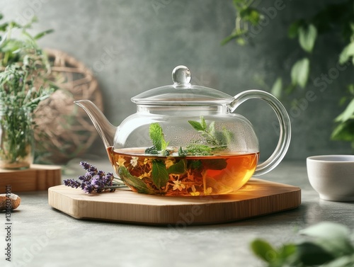 Fresh herbal tea blend of chamomile, mint, and other herbs brewed in a clear teapot on a wooden board with green background
