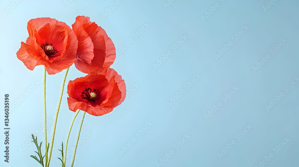 Obraz premium Three Bright Red Poppies Blooming Against Light Blue Background Showing Delicate Petals and Stalks