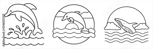 Colorful dolphin illustrations with waves in a circular design.