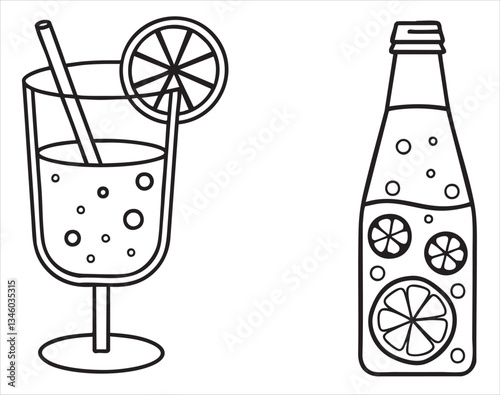 Refreshing drink in a glass with a slice of lemon and a bottle beside it.