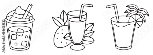 Illustration of various drinks, including cocktails and a dessert beverage.