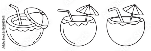 Three coconut drinks with straws and umbrellas, illustrated in a playful style.