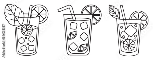 Three illustrated drinks with garnishes and straws in clear glasses.