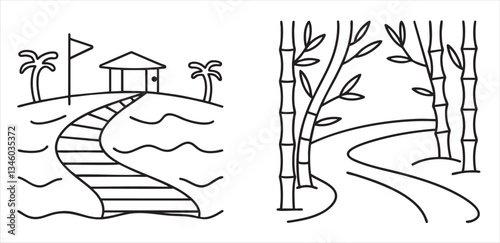 A path leading to a house with palm trees and bamboo on either side.