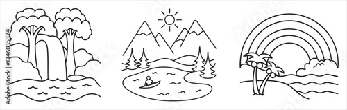 Nature scenes with a waterfall, mountains, and a rainbow illustration.