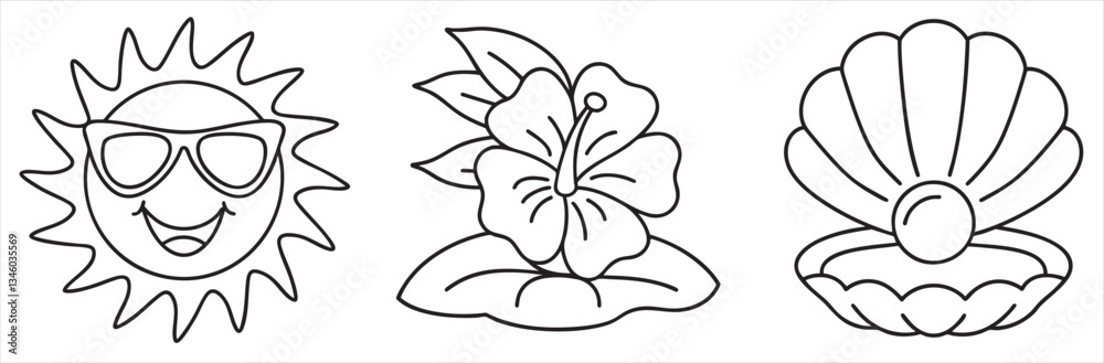 Fototapeta premium Smiling sun, tropical flower, and shell illustration for coloring.