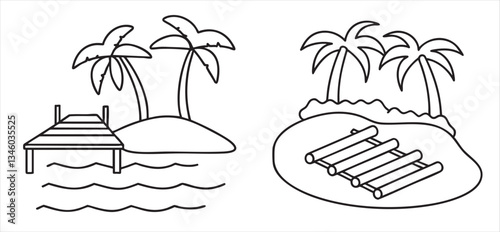 Tropical scene with palm trees, a dock, and a raft on the water.