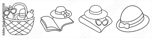 Picnic items with hats, sunglasses, and a book in a simple line-art style.