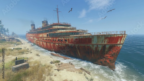 Rusty ship aground on a deserted beach