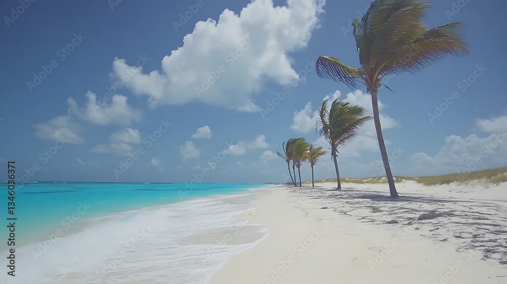 A beautiful beach scene with ocean and palm trees visible A beautiful beach scene with ocean and palm trees visible