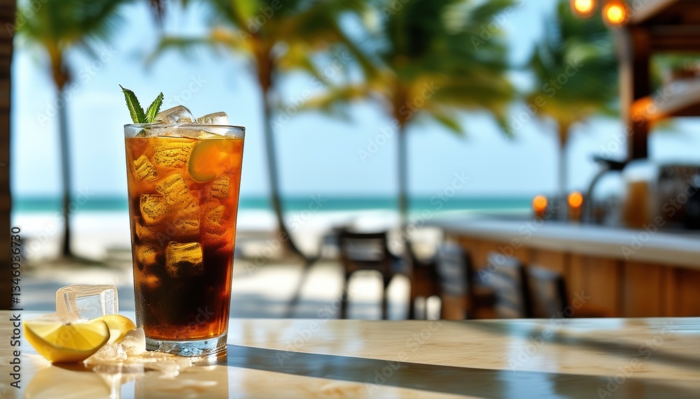 Refreshing black iced tea in tall glass with lemon and ice on tropical beach bar with copy space Refreshing black iced tea in tall glass with lemon and ice on tropical beach bar with copy space