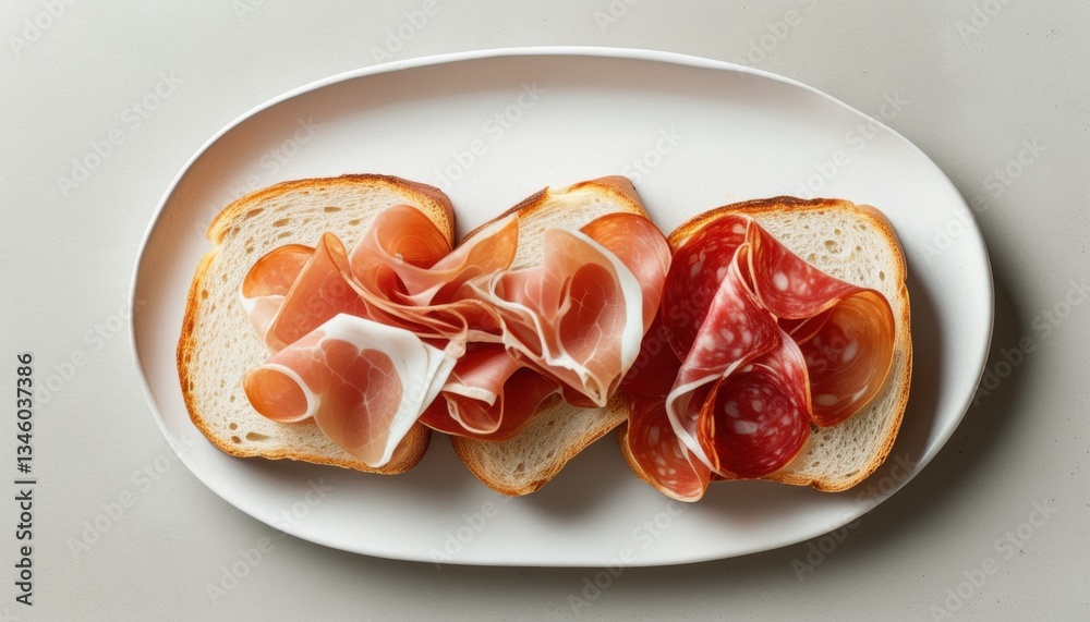 Top view of fresh white bread with cured meats displayed on oval plate with copy space Top view of fresh white bread with cured meats displayed on oval plate with copy space