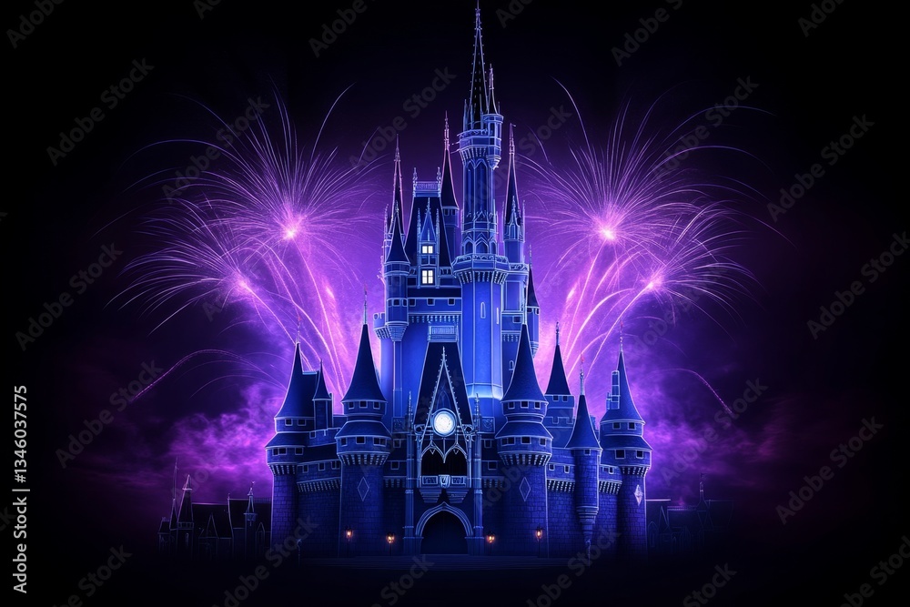 Fototapeta premium A firework display lighting up the sky above a magical amusement park castle