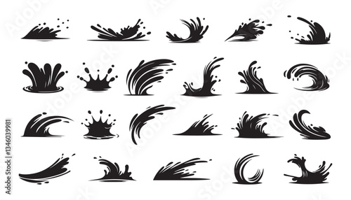 Set of a silhouette water splash with dynamic wave & Splash On white background.