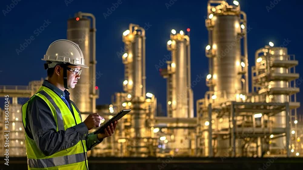 Engineer with tablet at oil refinery at night wearing hard hat and safety vest working late