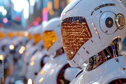 Explore the future of work in a bustling high-tech business district, where robotic office assistants gracefully navigate cutting-edge workspaces, seamlessly integrated with AI-powered wireless