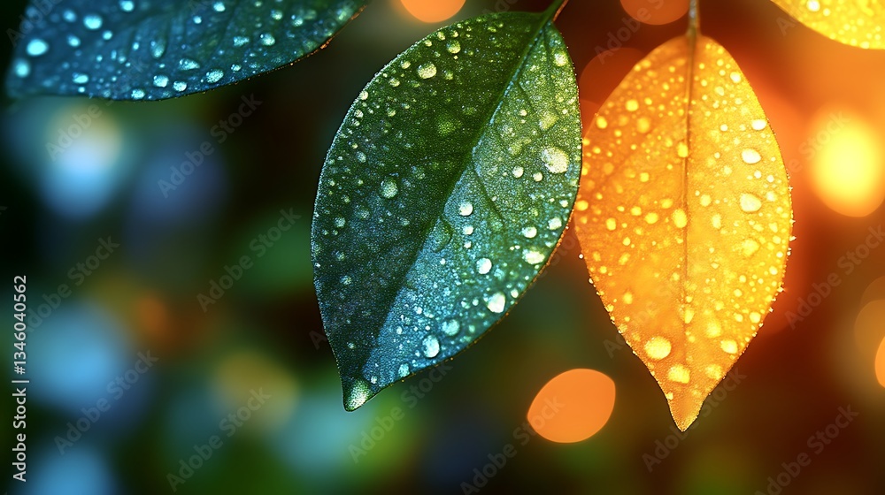 Dew-covered leaves, teal and amber, bokeh background. Dew-covered leaves, teal and amber, bokeh background.
