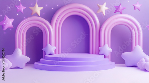Pastel purple 3D rendering of a stage with rainbows and stars.