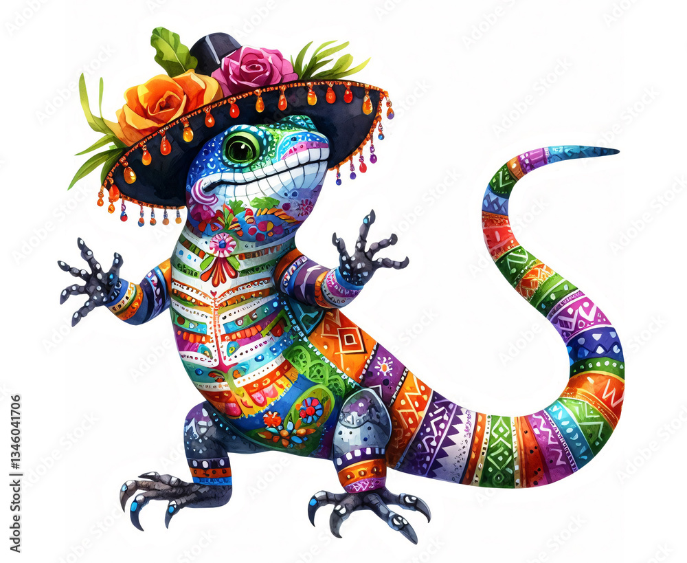 Fototapeta premium A Lively and Expressive Día de los Muertos Lizard with Festive Painted Decorations, Marigold Accessories, and Folk Motifs