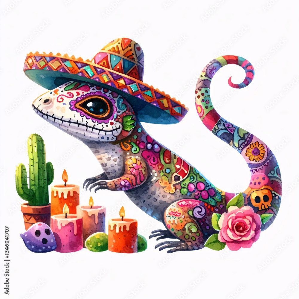 Fototapeta premium A Stunning and Ornate Día de los Muertos Lizard with Brightly Colored Sugar Skull Elements and Handcrafted-Looking Patterns