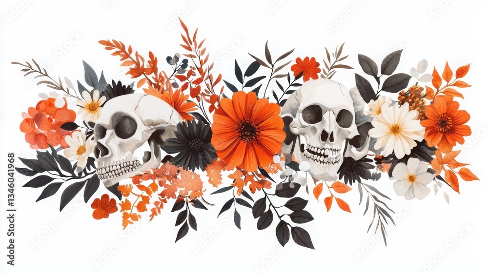 Fused Watercolor Painting of Animal Skeletons Surrounded by Colorful Floral Elements Fused Watercolor Painting of Animal Skeletons Surrounded by Colorful Floral Elements
