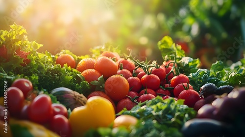 Fresh organic vegetables growing on allotment at sunset: tomatoes, peppers, and leafy greens