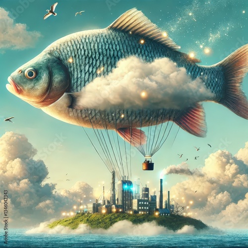 A surreal conceptual image of a giant fish floating in the sky like a hot air balloon. On its back, there is a small futuristic city with glowing buildings and tiny streets. photo