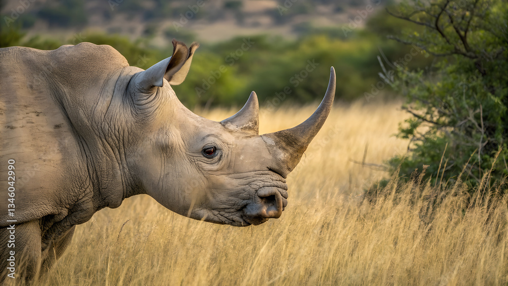 Obraz premium A rhinoceros is seen standing in tall grass with greenery in the background