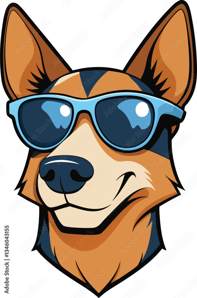 Naklejka premium Dog sporting blue sunglasses smiles confidently Logo, Mascot, icon