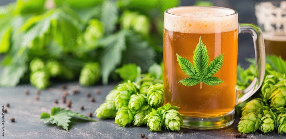 Refreshing Cannabis Beer with Fresh Hops A Close Up Image of a Beer Mug Refreshing Cannabis Beer with Fresh Hops A Close Up Image of a Beer Mug