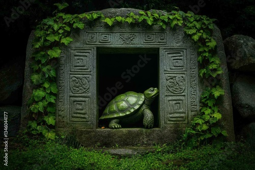 A gothic stone turtle statue guarding the entrance to an abandoned temple, covered in creeping vines