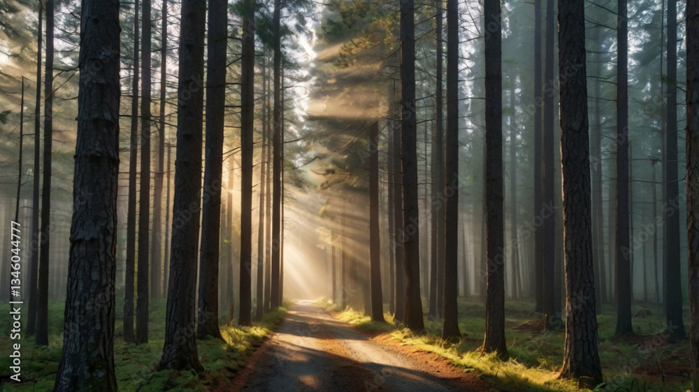 Fototapeta premium Sunbeams pierce through towering trees illuminating a winding road through a serene forest landscape