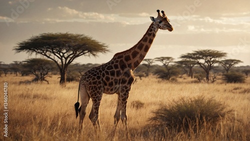 Cartoon giraffe in a sketched African savanna