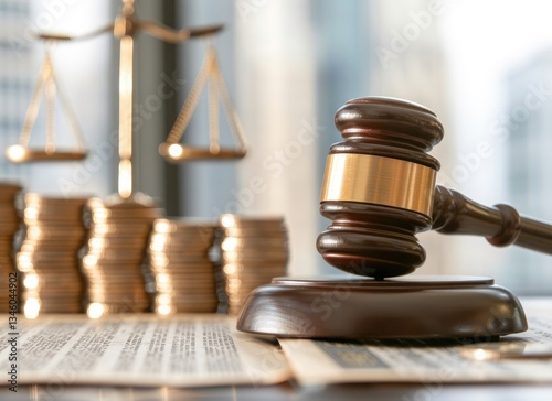 Gavel on Legal Document with Scales Coins Justice Law Finance Concept