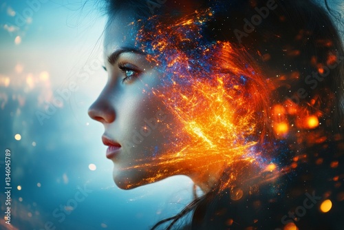side view photo, woman with double exposure cosmic universe, face combined with bright cosmic grains, human imagination aura spectrum