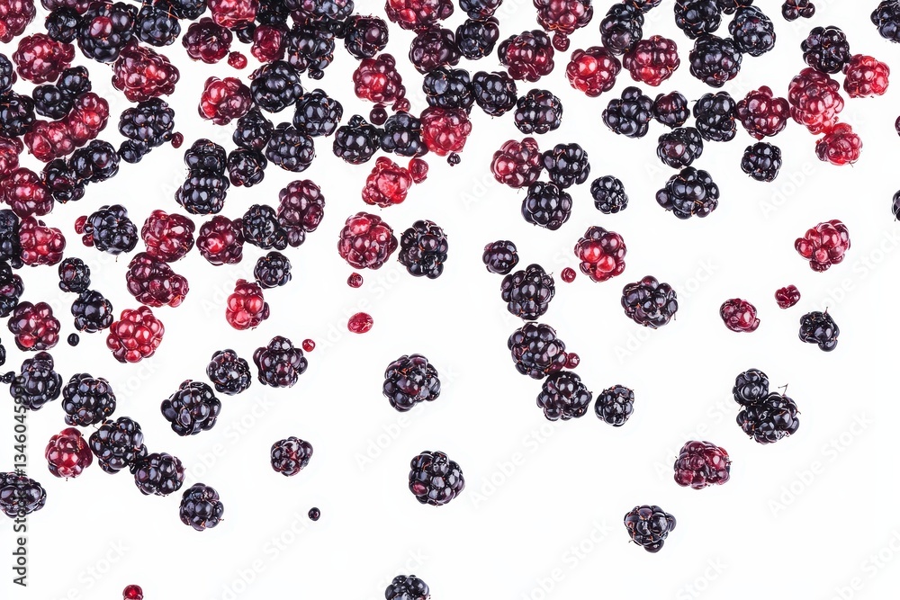 Falling blackberry berries floating in the air isolated on white background Falling blackberry berries floating in the air isolated on white background