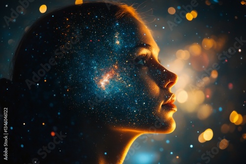 side view photo, woman with double exposure cosmic universe, face combined with bright cosmic grains, human imagination aura spectrum