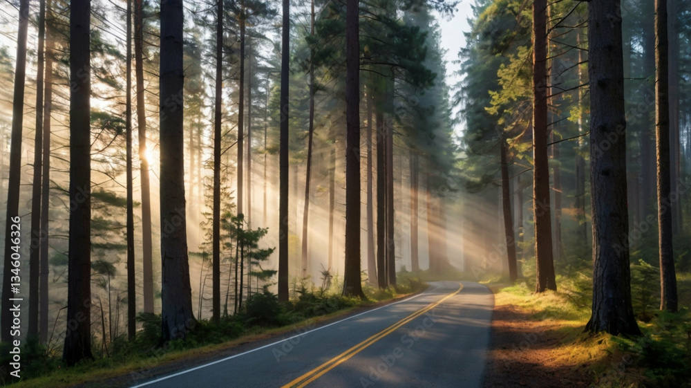 Sunbeams pierce through towering trees illuminating a winding road through a serene forest landscape Sunbeams pierce through towering trees illuminating a winding road through a serene forest landscape
