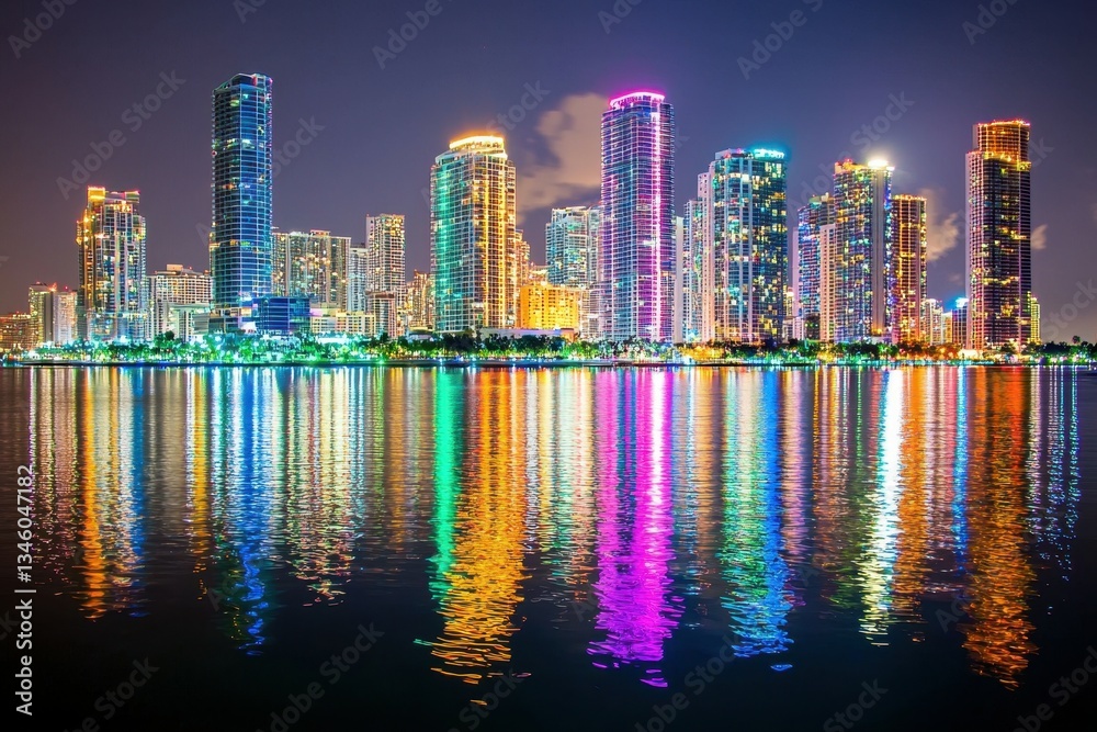 Naklejka premium Urban Exploration: Cityscape at night with vibrant lights, reflecting the energetic and dynamic city lifestyle.