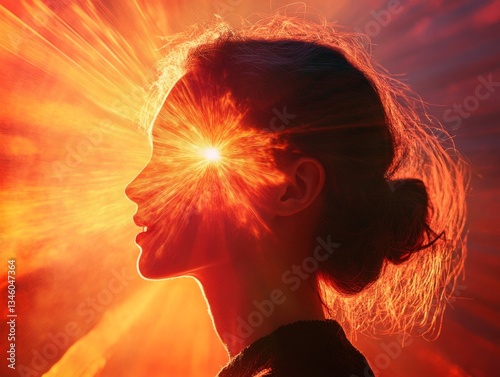aura radiates from a woman, the light rays coming out of the woman's head show the spectrum of the woman's aura, the photo looks close, side angle