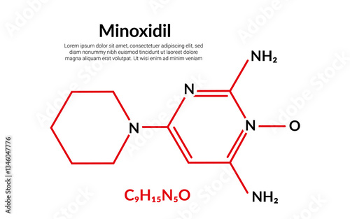 Minoxidil, medication for high blood pressure and hair loss treatment, molecular structure formula, suitable for education or chemistry science content. Vector illustration