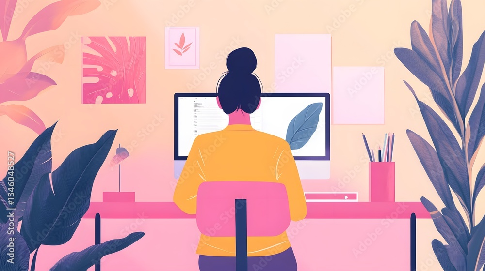 Graphic designer working from home surrounded by plants creating a leaf design Graphic designer working from home surrounded by plants creating a leaf design