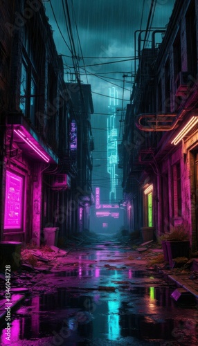 Cyberpunk ruins with holograms and neon pipes under rainy sky (4K). Generated AI