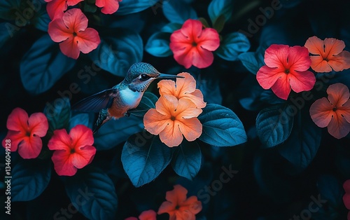 Wallpaper Mural Hummingbird feeding on vibrant orange flowers amidst lush green foliage. Torontodigital.ca