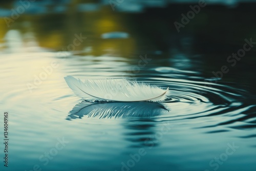 A delicate feather gliding effortlessly across the tranquil water at dawn's gentle embrace