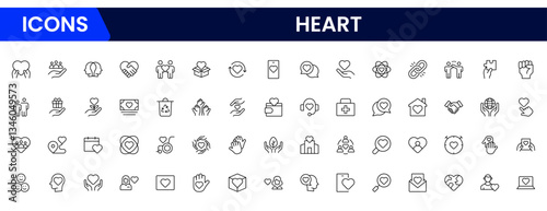 Heart, love, care, help, charity, and donation outline icons are set isolated on a white background in a flat vector illustration.